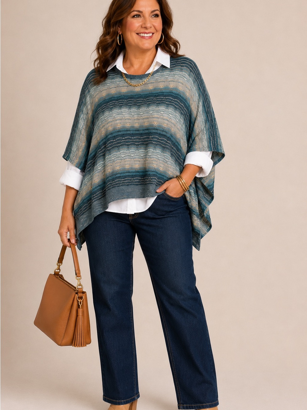 Catherines - Teal, Navy & Cream Striped Poncho Sweater - Sz3X